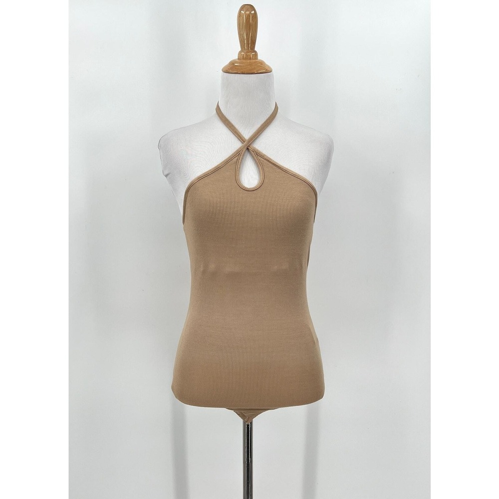 ENZA COSTA Halter Bodysuit Women Medium Tan Ribbed Silk Blend Keyhole Sleeveless - Picture 3 of 13